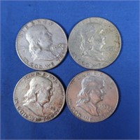 4 Franklin Half Dollars-1952, 1957-D, 1960, 1962