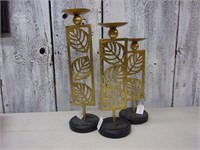 3 Wood & Metal Candle Holders Gold Leaf Design