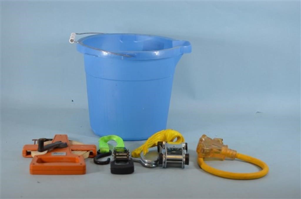 Bucket, 2 ft Yellow Jacket Ext Cord, Measuring Tap