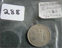 1922 Netherlands Silver 1/2 Gulden Coin