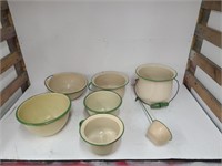 Enamel Wear 1 Kettle, 5 Mixing Bowl, and a Ladle