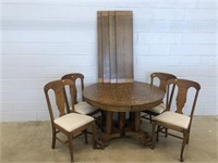 Vtg. Oak Clawfoot Table & 4 Chairs