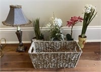 Lamp, Faux Plants and Basket