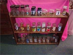 Wood shelf & Collectors glasses, E.T., Care Bears