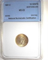 1941-C 10 Cents NNC MS63 Newfoundland
