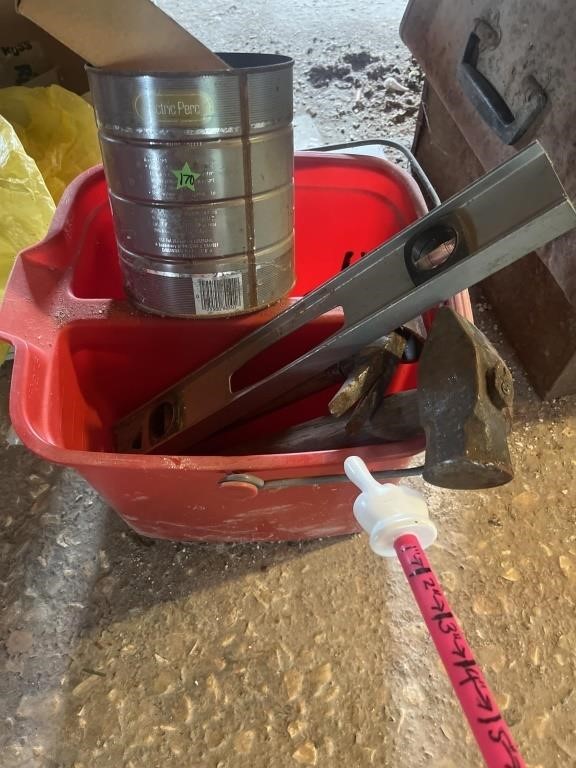 Lot with red 8 inch bucket and tools