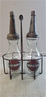 2 Vintage Glass Oil Bottles w/ Metal Spouts &