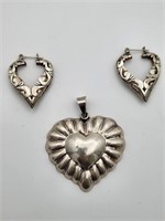 Sterling Heart Pendant and Earrings