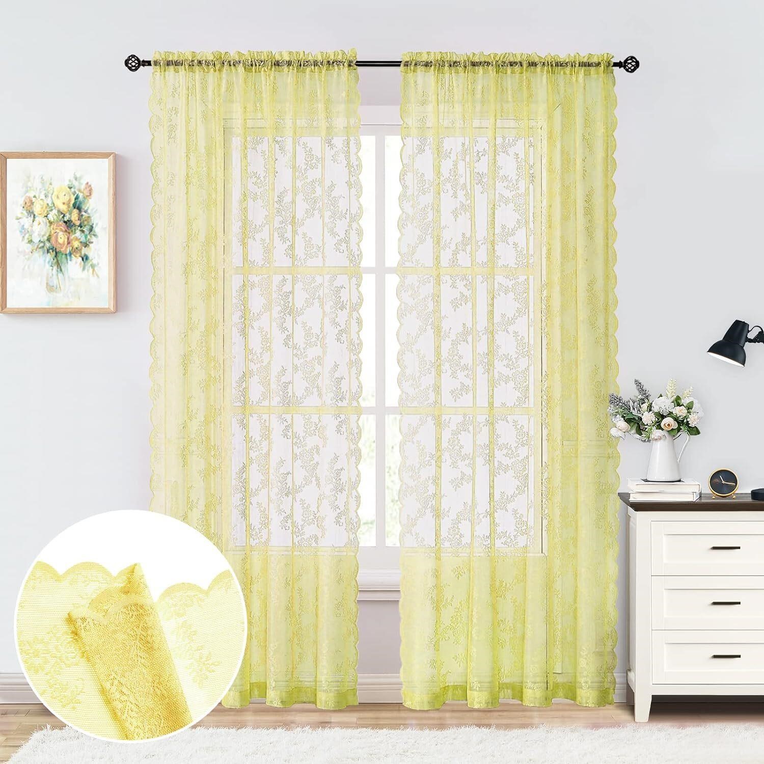 $22  Yellow Sheer Curtains  Floral Lace  55x108