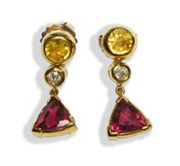 Pair 18K Gold, Diamond, Sapphire & Garnet Earrings