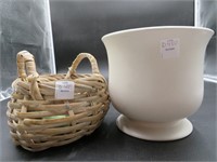 White Ceramic Planter & Small Wicker Basket