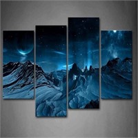 Stars and Mountain Wall Art Painting Blue Night Sk