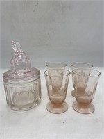 Lilac Glass Rabbit Trinket & 4 Rose Glasses