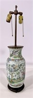 Oriental lamp, porcelain vase, wooden base &
