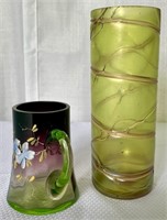 Uranium Glass - Hand Painted Cup & Hand Blown Vase