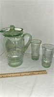 Green Etched Pitcher w/Two Glasses