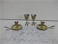 Two Brass Candle Holders W/Snuffers Tallest 4"