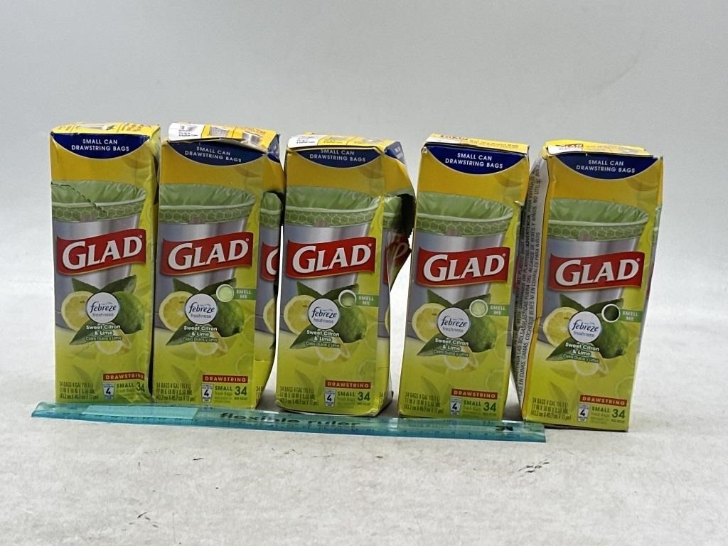 NEW Lot of 5-34ct Glad Trash Bags W/ Draw String