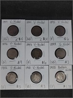 Lot of 8 V-Nickels & 1 Buffalo Nickel: 1893,