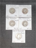 Lot of 5 Silver Washington Quarters: 1941,