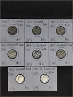 Lot of 8 Silver Roosevelt Dimes: 1957, 1957 D,
