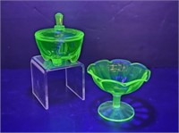 URANIUM GLASS COVERED DISH & SHERBET CUP