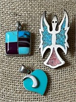 (3) Sterling Silver & Turquoise Pendants