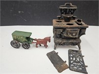 Cast Iron Toy Stove & Horse w Cart