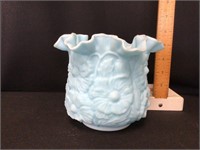 Fenton Satin Blue Ruffled Edge Vase