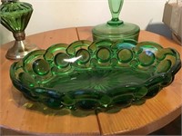 GREEN GLASS OIL LAMP, 3 PIECE POWDER & PURFUME,