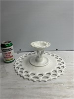 Laced edge milk glass cake stand