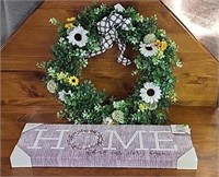 'Home' Wall Decor & Plastic Floral Wreath