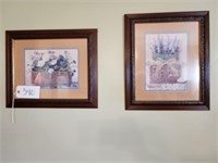 (2) Framed Prints, Oak Wall Shelf
