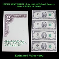 UNCUT MINT SHEET of 4x 1995 $2 Federal Reserve Not