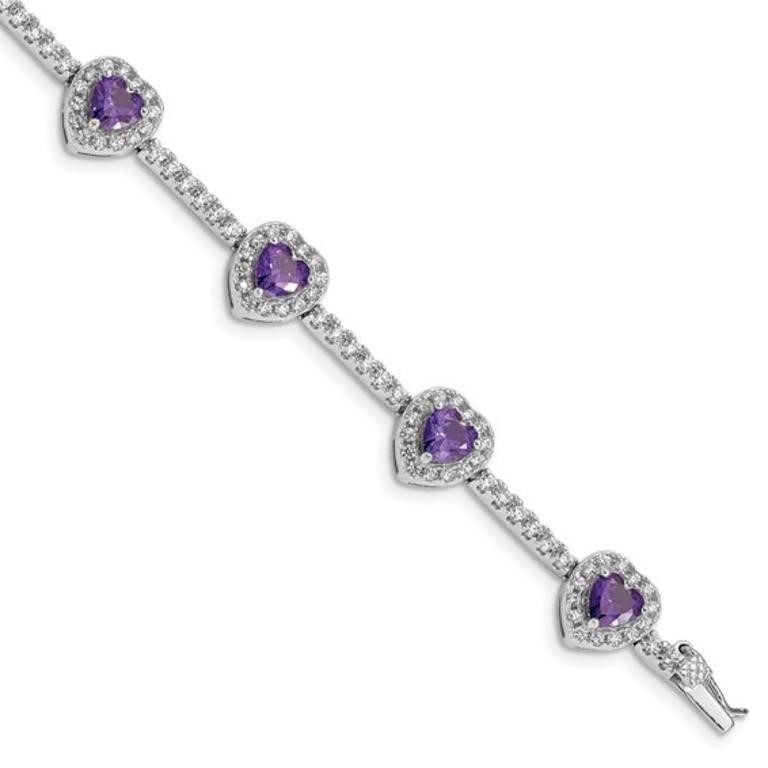 Sterling Silver Amethyst Crystal Heart Bracelet