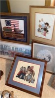 Group of framed cross stitch, patriotic & other
