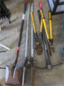 GROUP OF HAND TOOLS PICKAXE, POST HOLE DIGGERS,