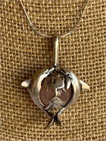 Sterling Silver Dolphin / World Necklace w/ Pink