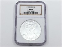1999 One Dollar Silver Eagle NGC MS69 Graded