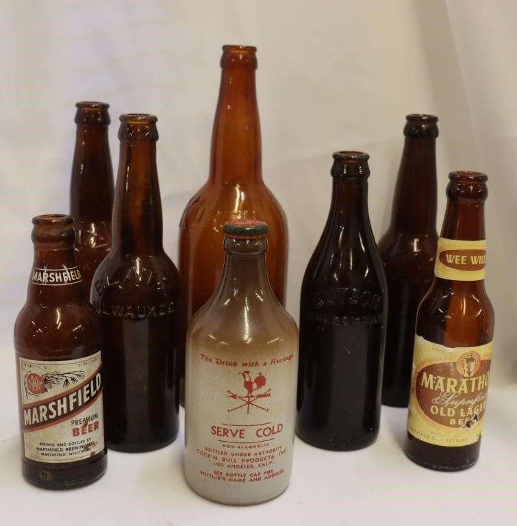 7 Brown Beer Bottles & 1 Unopened Ginger Beer:
