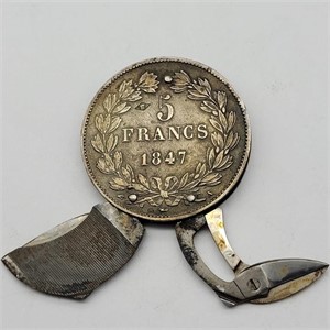 1847 SILVER 5 FRANCS COIN CUT IN HALF AND