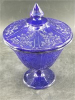 Cobalt glass dish with detailing on sides and lid,