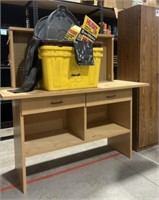 2 Brute Trash Cans, Work Bench, Cabinet