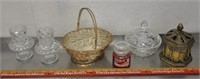 Candle, basket, covered dish decor, see pics