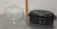 Glass cake keeper, metal roaster