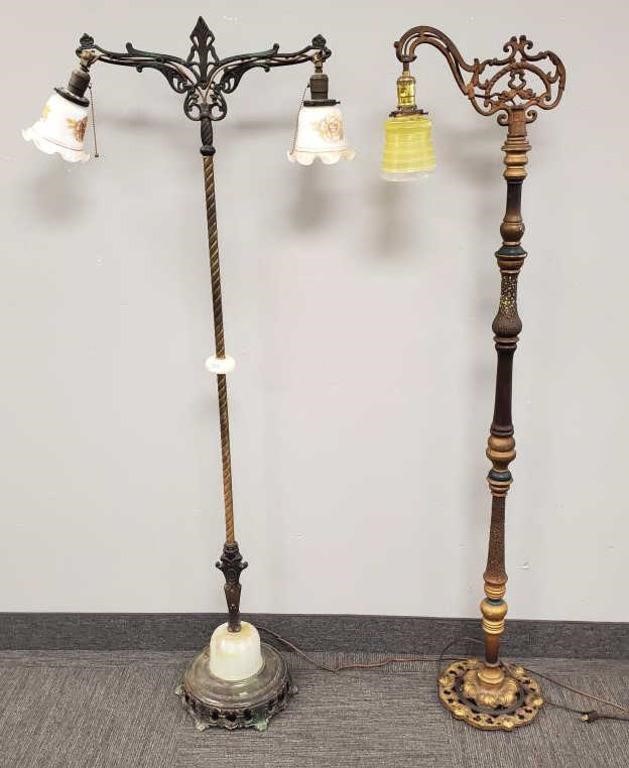 2 antique ornate floor lamps with modern shades -