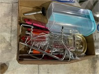 box lot of plastic canister and kitchen utensils