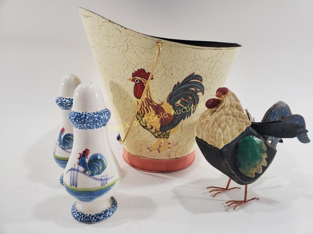 Rooster Theme Wood Statue, Bucket, & Large Shakers