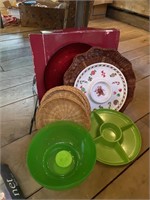 christmas serving platters and box of tins