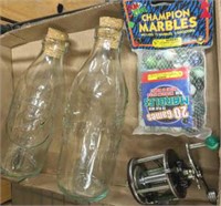 VINTAGE REEL BOTTLES AND MARBLES